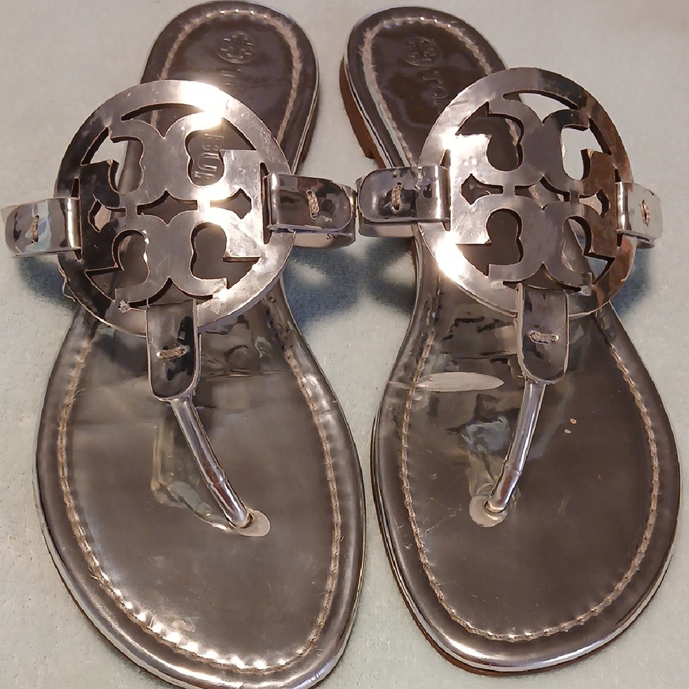 Tory Burch Silver Sandals with Iconic Logo